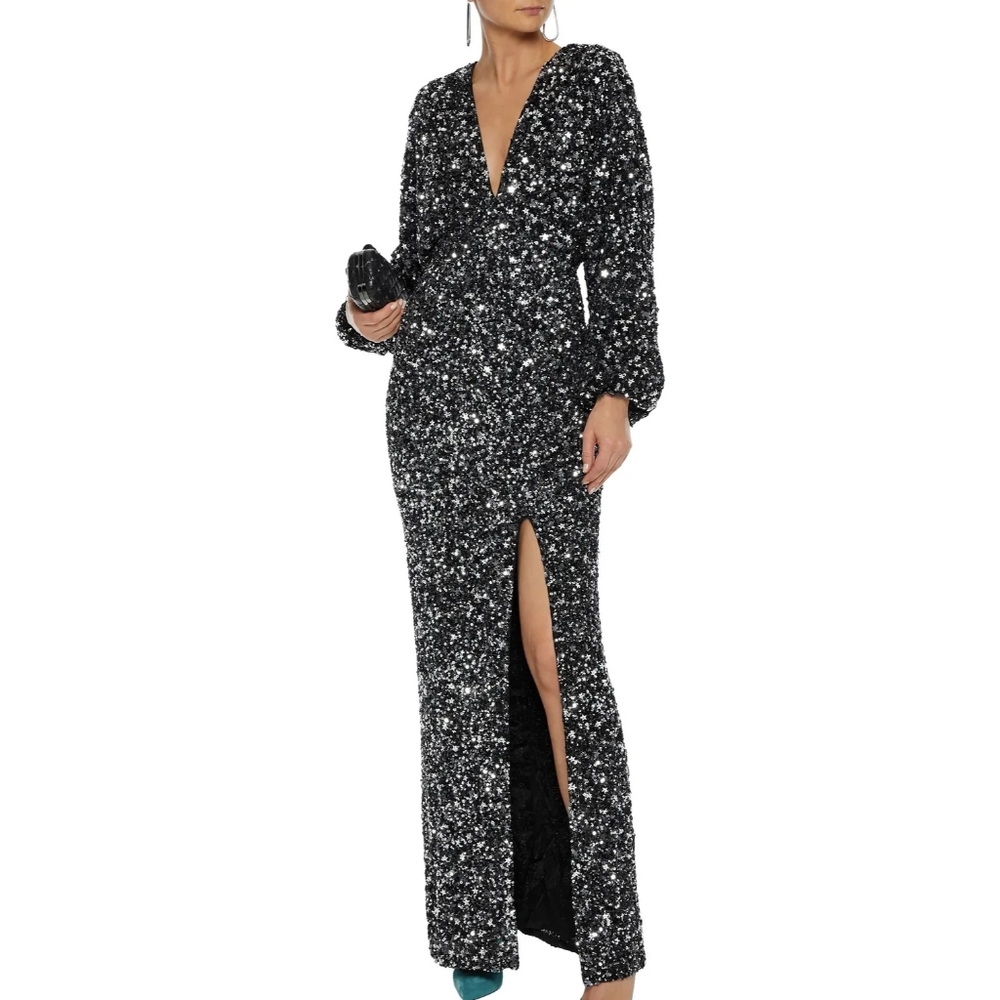Retrofete Camille Black‎ Chiffon Sequin Maxi Dress Long Sleeve V Neck Size S
